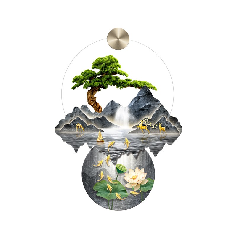 新中式九鱼图玄关装饰画带灯迎客松挂画入户进门走廊过道山水壁画