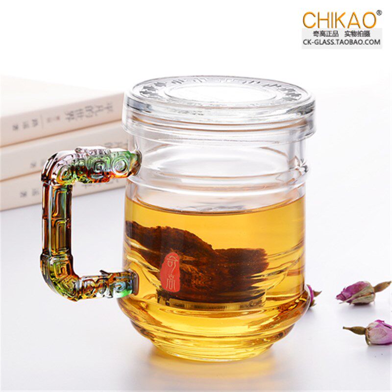 奇高加厚耐高温泡茶玻璃杯创意加厚花茶杯办公室带盖过滤喝水杯子