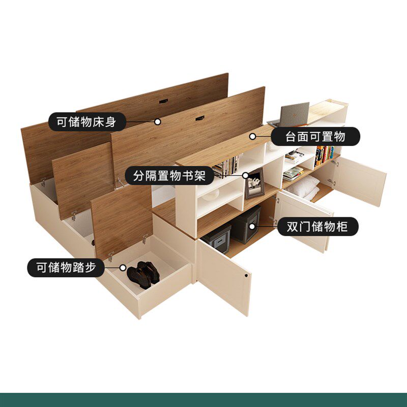 日式榻榻米小户型单人高箱储物书架床组合 定制儿童床卧室板式床