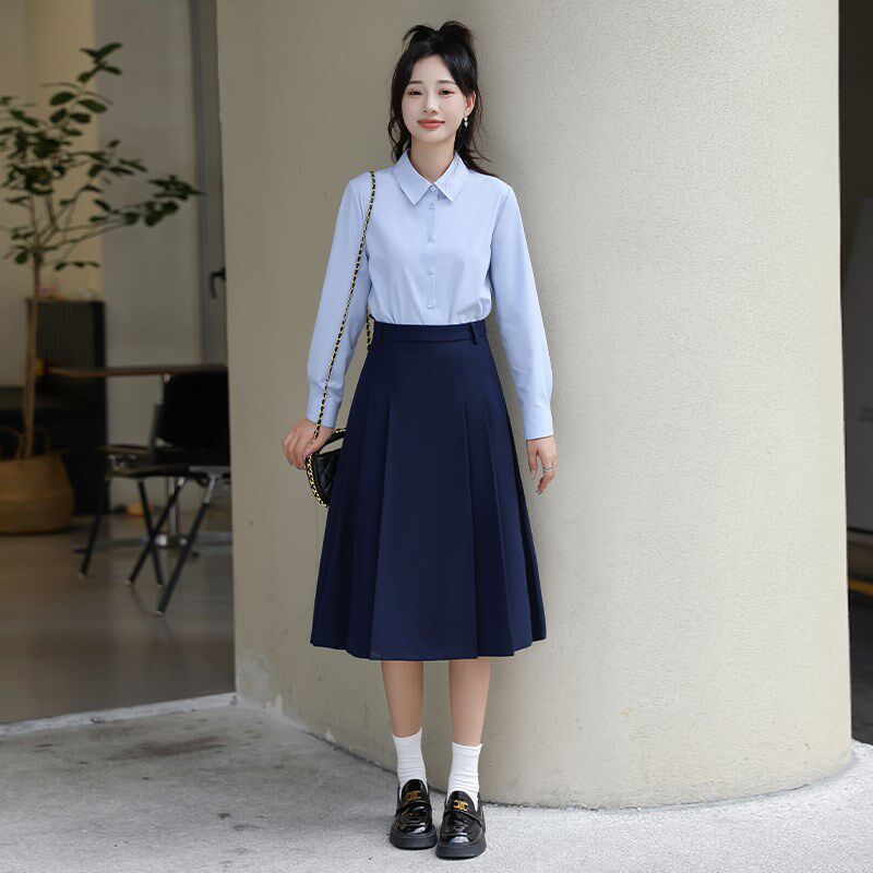 藏蓝色西装半身裙女2024新款a字百褶垂感显瘦高腰职业工作中长款