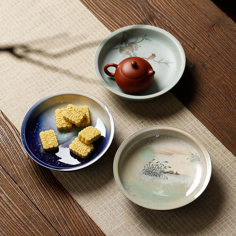 景德镇纯手工窑变釉手绘山水壶承干泡台茶盘紫砂壶养壶垫茶托底座