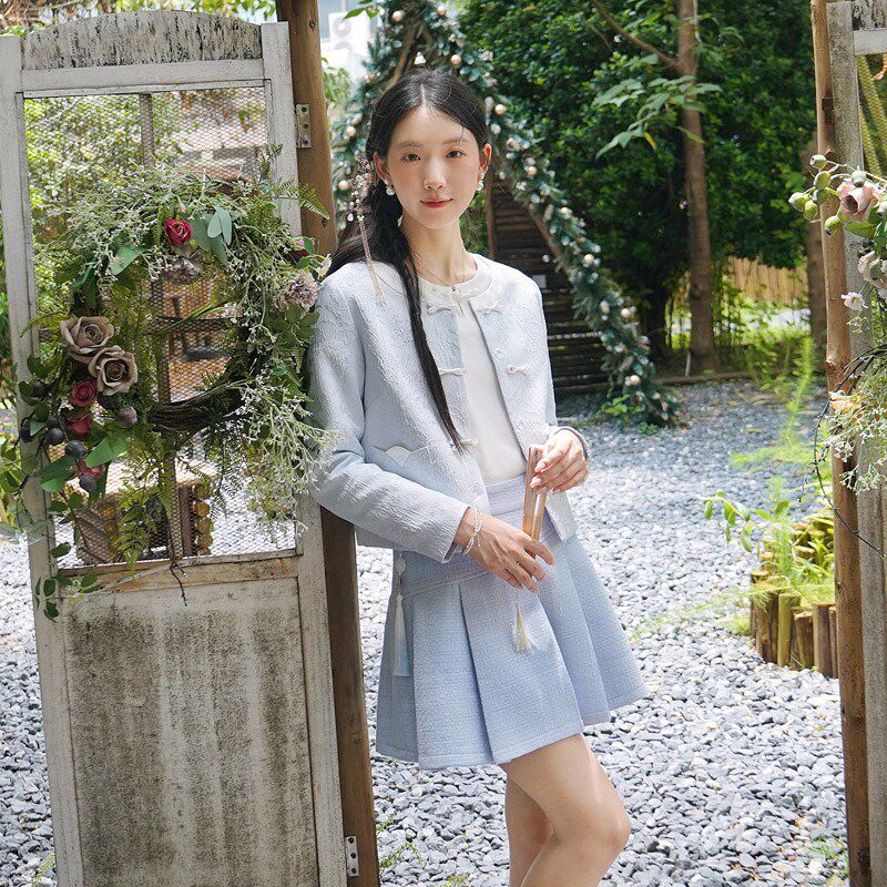 ATAR甜美流苏编织呢A字百褶半身裙 2024秋冬装高腰学院风jk短裙子