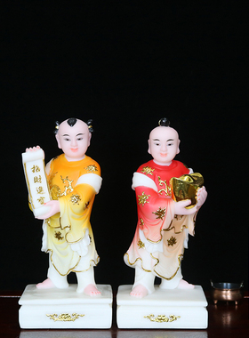 汉白玉彩绘神像招财进宝童子像元宝童子招财童子门童家用供奉摆件