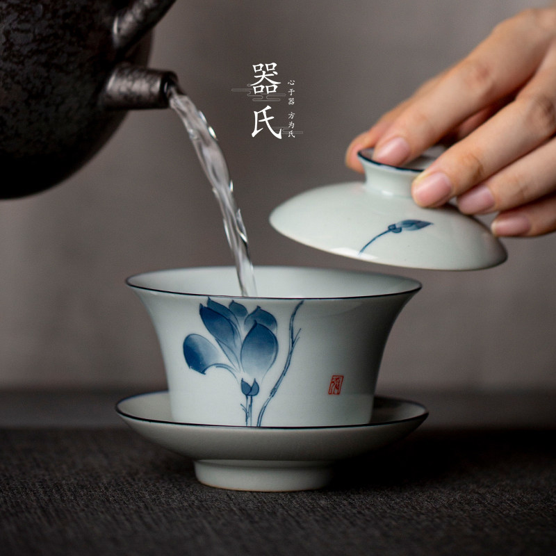 器氏 盖碗手绘泡茶壶家用单个茶碗陶瓷三才盖碗 大号手抓壶敬茶杯