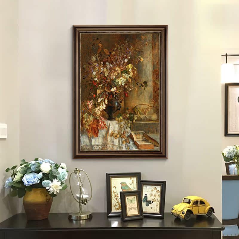 美式玄关竖款装饰挂画欧式客厅餐厅墙面壁画复古走廊过道花卉油画