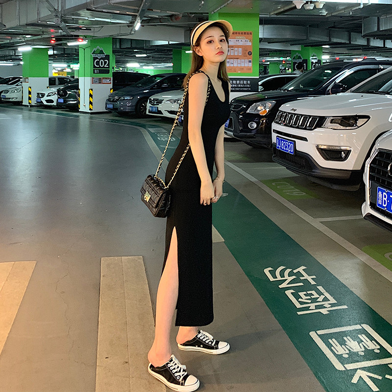 黑色打底连衣裙吊带背心长裙女修身显瘦小黑裙侧开叉中长裙子气质