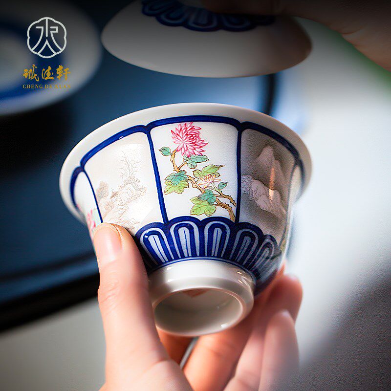 诚德轩陶瓷盖碗单个手绘斗彩江山秀色景德镇三才茶杯泡茶碗防烫手