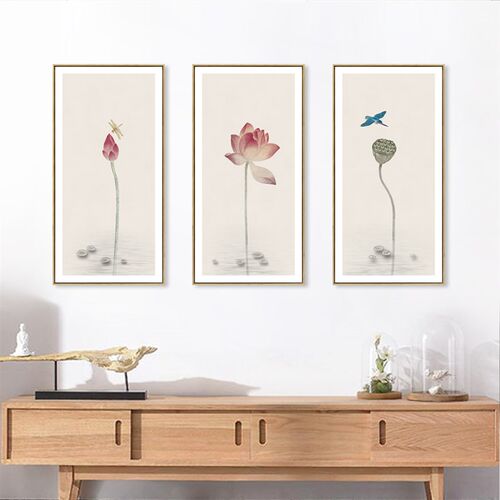 新中式客厅中国风荷花装饰画茶室背景墙三联禅意挂画墙画玄关壁画