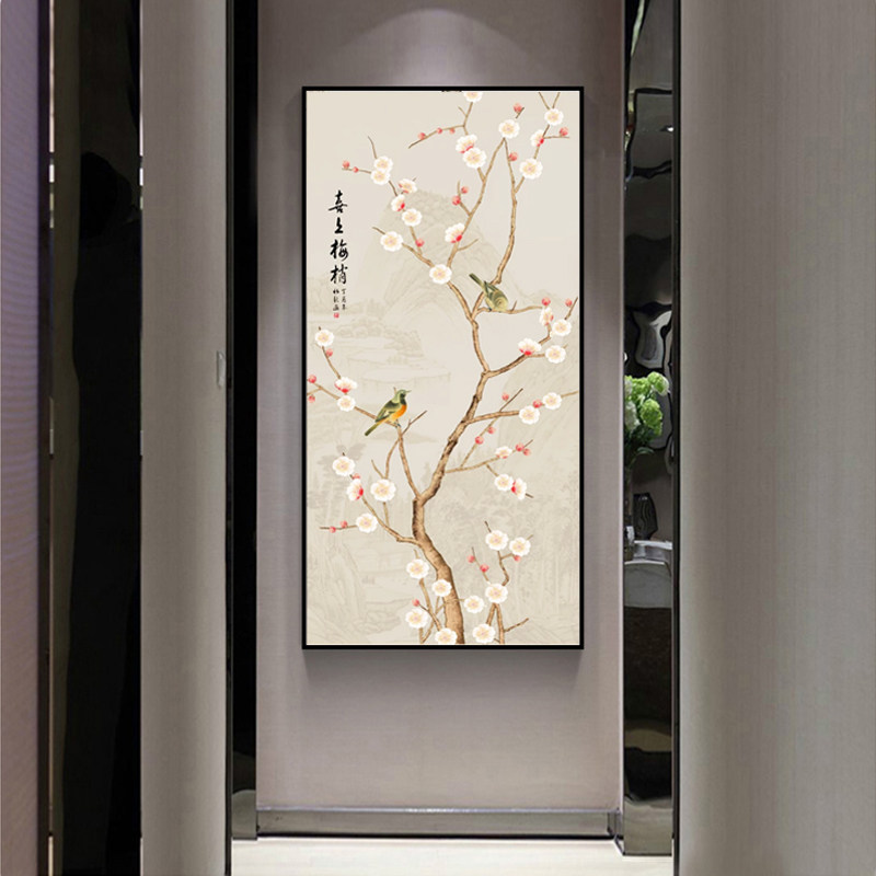 新中式玄关装饰画竖版花鸟工笔挂画中国风壁画客厅走廊楼梯有框画