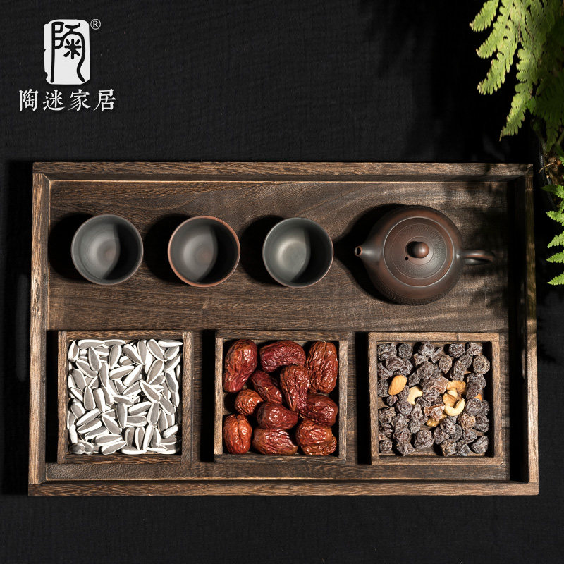 陶迷日式实木烧桐木茶盘家用简约干泡盘水果零食点心盘大号茶托盘