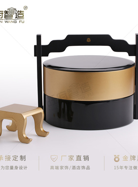 新中式样板房酒店轻奢创意装饰摆件多层实木漆器圆提篮食盒糖果盒