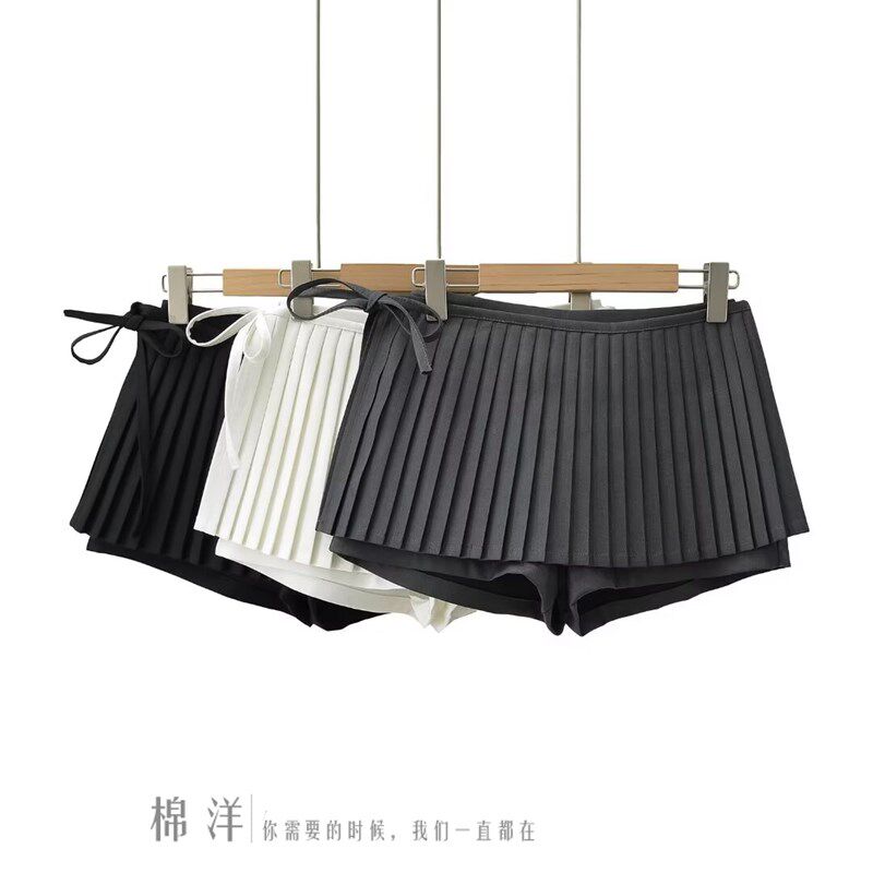 棉洋 芭蕾风百褶裙子女夏超短A字裙高腰小个子灰色半身裙裤两件套