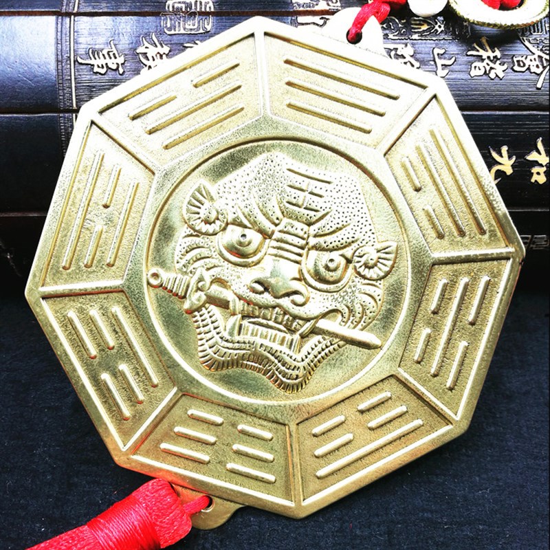 纯铜虎咬剑镜八卦平面镜十二生肖八卦铜镜玻璃家用大门虎头镜摆件