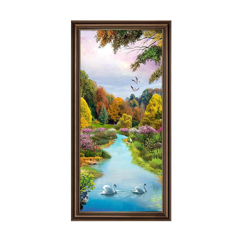 美式入户玄关装饰油画天鹅湖壁画欧式竖版客厅山水画走廊过道油画