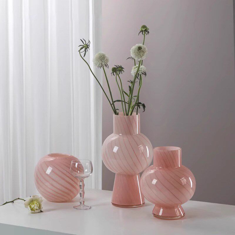 U Mi LIVING粉条花瓶高级感粉色条纹客厅餐桌插花摆件轻奢饰品
