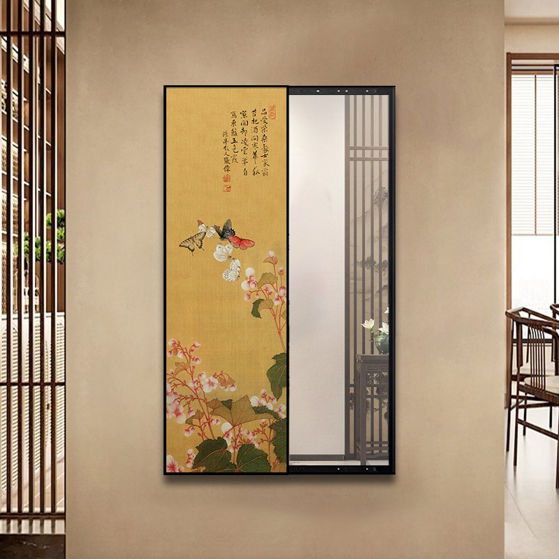 中式玄关镜子画中古风蝴蝶挂画可推拉隐藏式全身镜卧室穿衣镜壁画