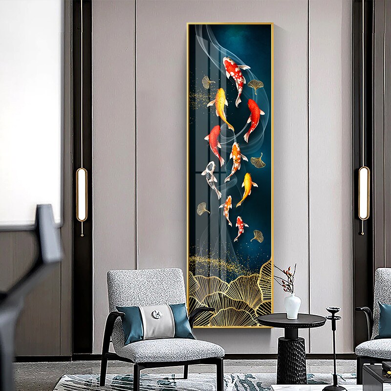 挂画竖版长条装饰画极窄九鱼图别墅窄长画玄关条幅挂画酒店竖定做
