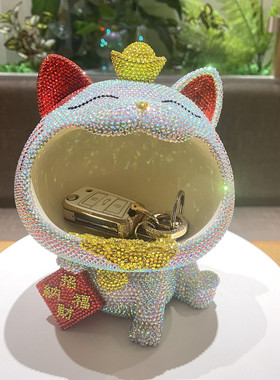 手工粘钻招财猫收纳盒储物箱摆件托盘客厅家居玄关装饰品生日礼物