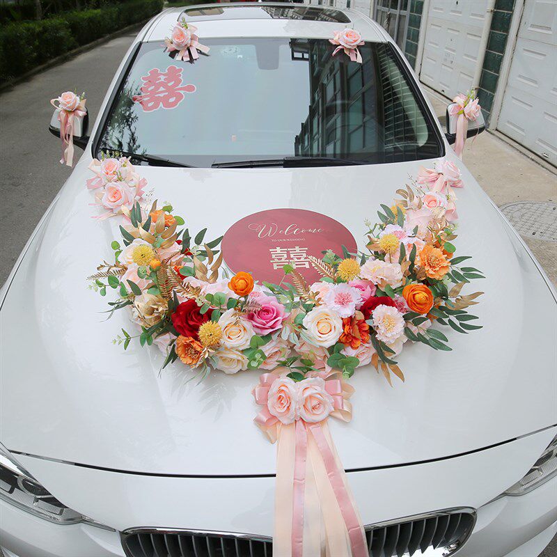 婚车装饰粉色森系接婚车花布置全套主车花车头花2022网红婚车花