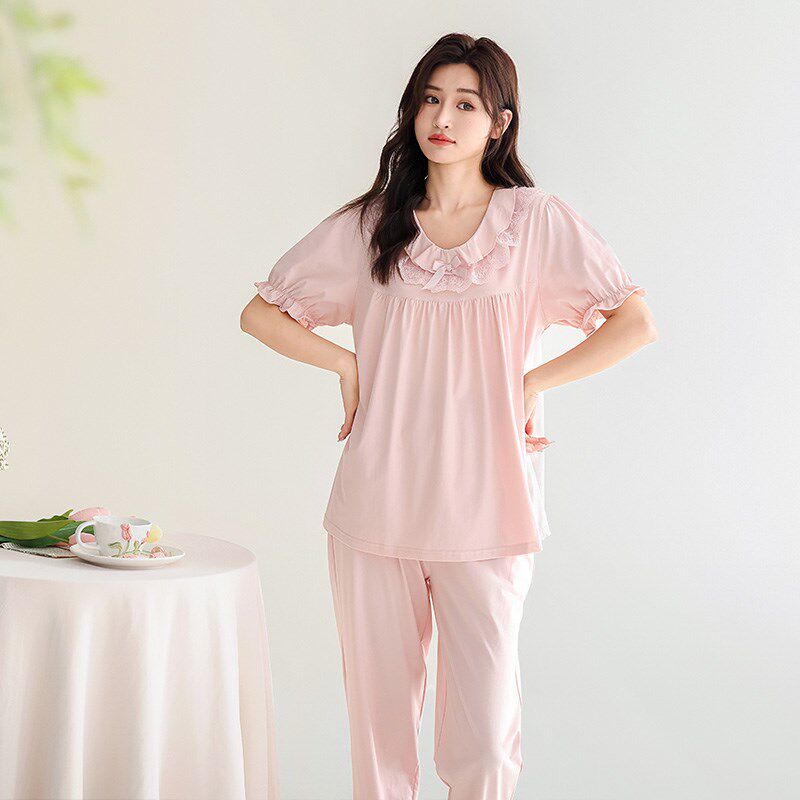 绮宇娜夏季女款睡衣家居服棉氨短袖长裤薄款甜美开衫睡觉穿针织棉