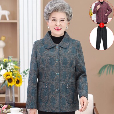 老年人女妈妈春秋翻领上衣洋气奶奶秋装毛呢外套60岁70老太太衣服
