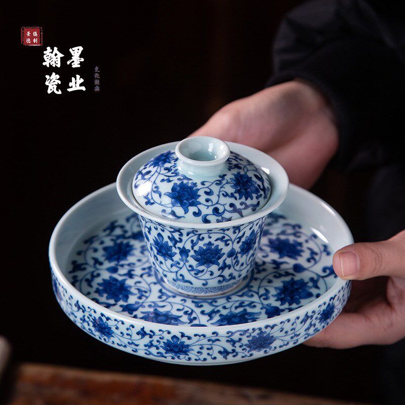 景德镇陶瓷仿古泥青花缠枝莲壶承单个干泡台茶托壶盘家用茶具果盘