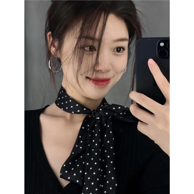 黑色波点丝巾女新款韩版系脖围巾