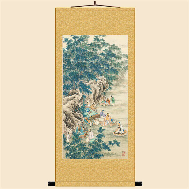竹林七贤图人物画像 清晰茶酒文化复古装饰字画 绢布卷轴挂画定制
