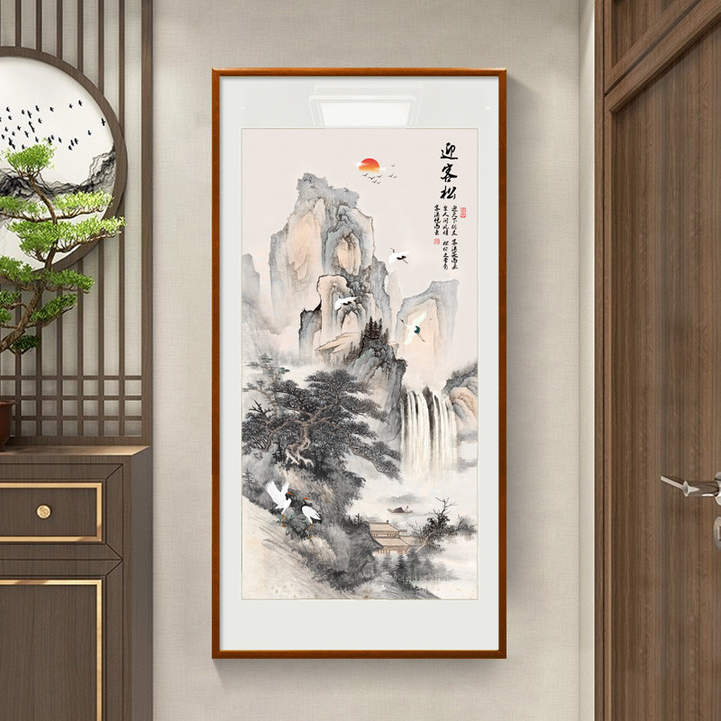 流水生财迎客松十字绣2025新款线绣客厅竖版玄关风景画自己绣手工