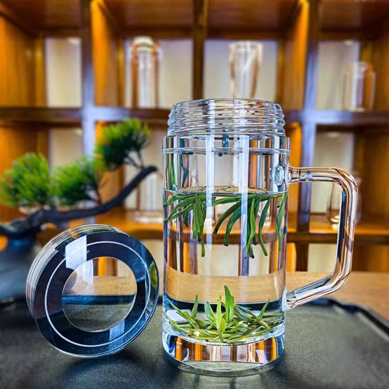 纯天然东海原矿水晶杯密封带把手男士泡茶杯办公会议水杯高端茶杯