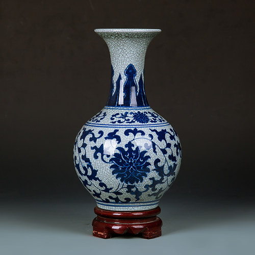 景德镇陶瓷器花瓶摆件仿古青花裂纹釉工艺品家居摆件客厅装饰品
