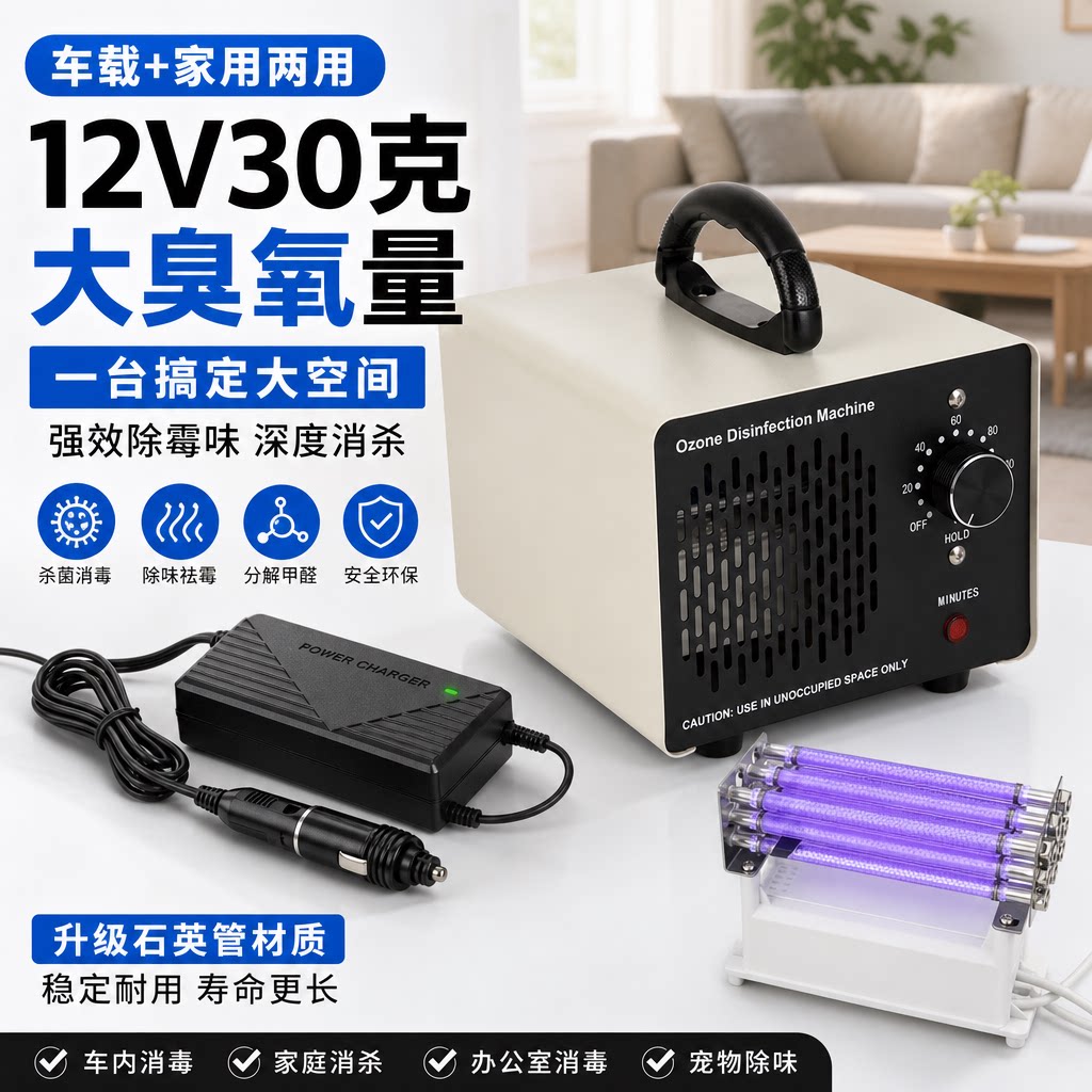12V30g车载家用臭氧消毒机汽车臭氧发生器除烟味宠物味除霉杀菌