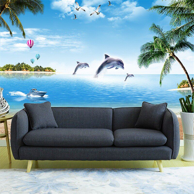 3D立体墙纸海景沙滩风景画自粘墙贴画客厅卧室背景墙壁纸装饰壁画