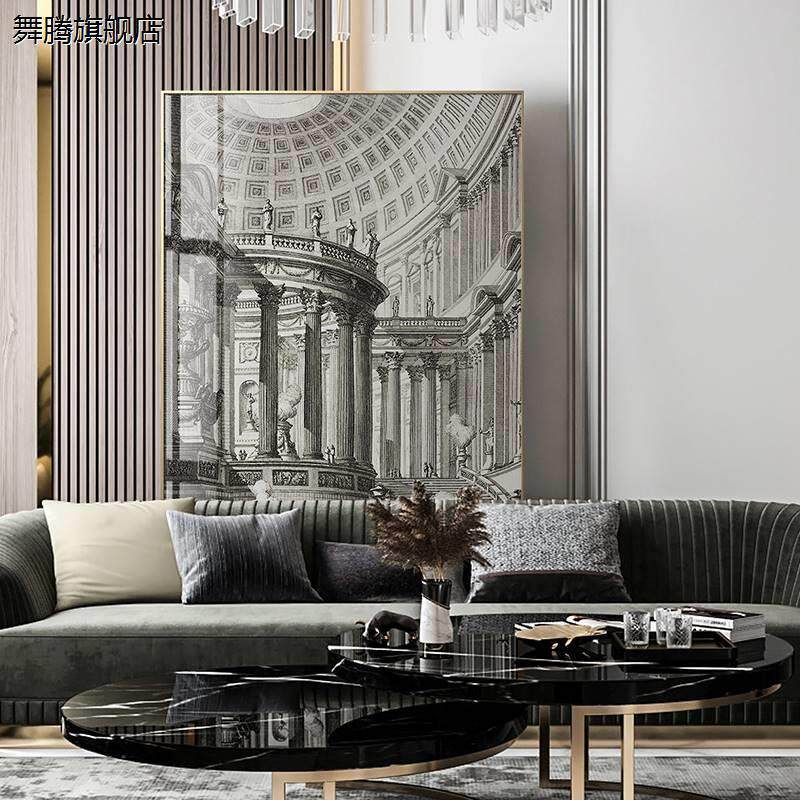 新品复古装饰画客厅沙发背景墙挂画城堡建筑艺术黑白简约巨幅壁画