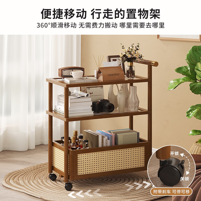 中古小推车客厅置物架落地可移动带轮零食收纳架简易藤编储物架子