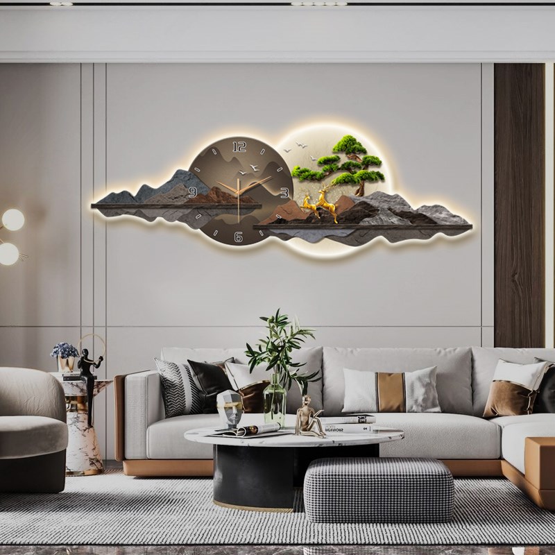 迎客松餐厅装饰画挂钟高档钟表挂墙led灯画饭厅山水挂画客厅时钟
