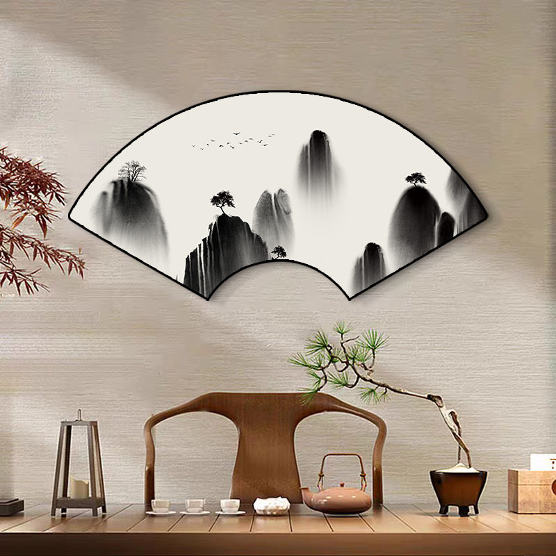 扇形扇子装饰画中式客厅背景墙壁画扇面山水画迎客松字画玄关挂画