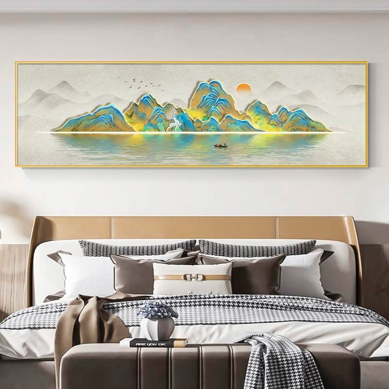 卧室装饰画背靠金山主卧床头背景墙壁画酒店宾馆房间挂画高级感