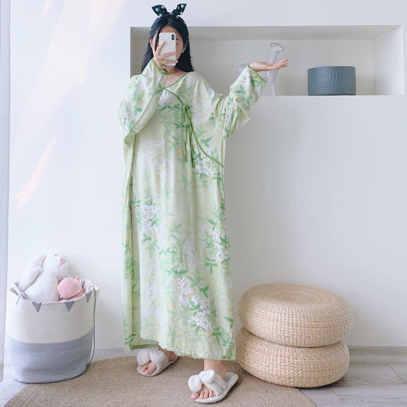 长袖新中式加肥大码棉绸加长睡裙宽松孕妇连衣裙胖MM200斤家居裙
