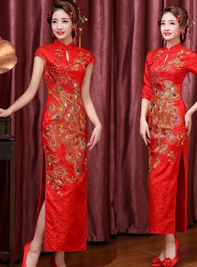 2021新款走秀旗袍长款演出中国风红色中式结婚礼服新娘敬酒服女夏