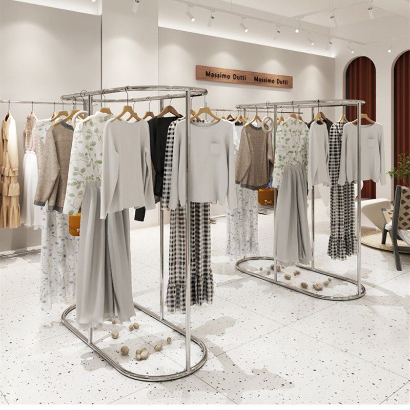 服装店展示架不锈钢落地式椭圆形双排中岛架童装店挂衣架陈列架子
