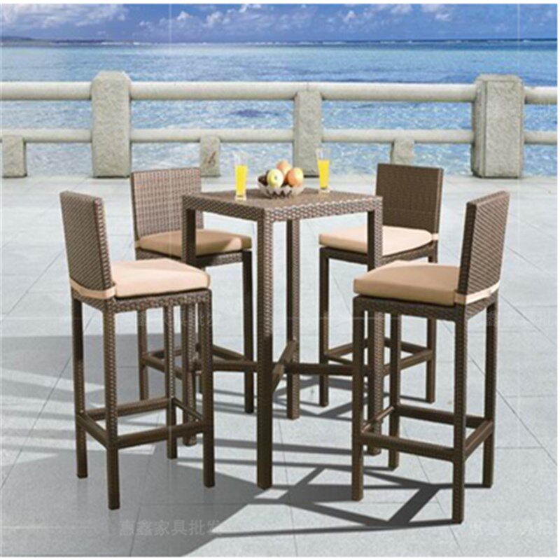 户外高脚吧台桌椅五件套 藤椅庭院酒吧桌椅咖啡厅休闲藤椅子茶几