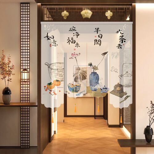 新中式门帘山水窗帘宋式美学禅意半透遮光阳台厨房茶室屏风隔断帘