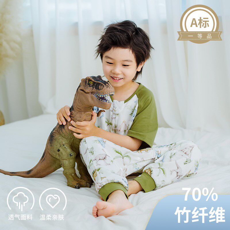 夏季新款!儿童竹棉纱布透气睡袋宝宝前四后二短袖防踢被婴童睡衣