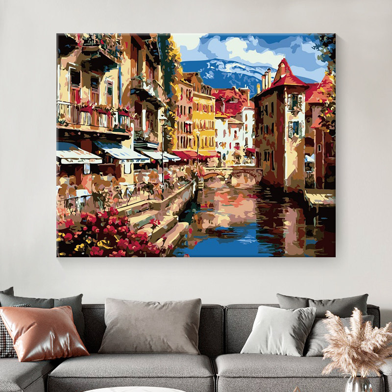 数字油画风景diy填充涂色填色画解压成人手工手绘水彩画温情港湾