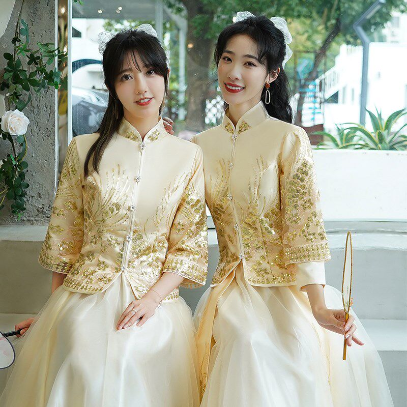 中式伴娘服旗袍2024新款姐妹裙秀禾礼服女中国风汉服显瘦姐妹团装