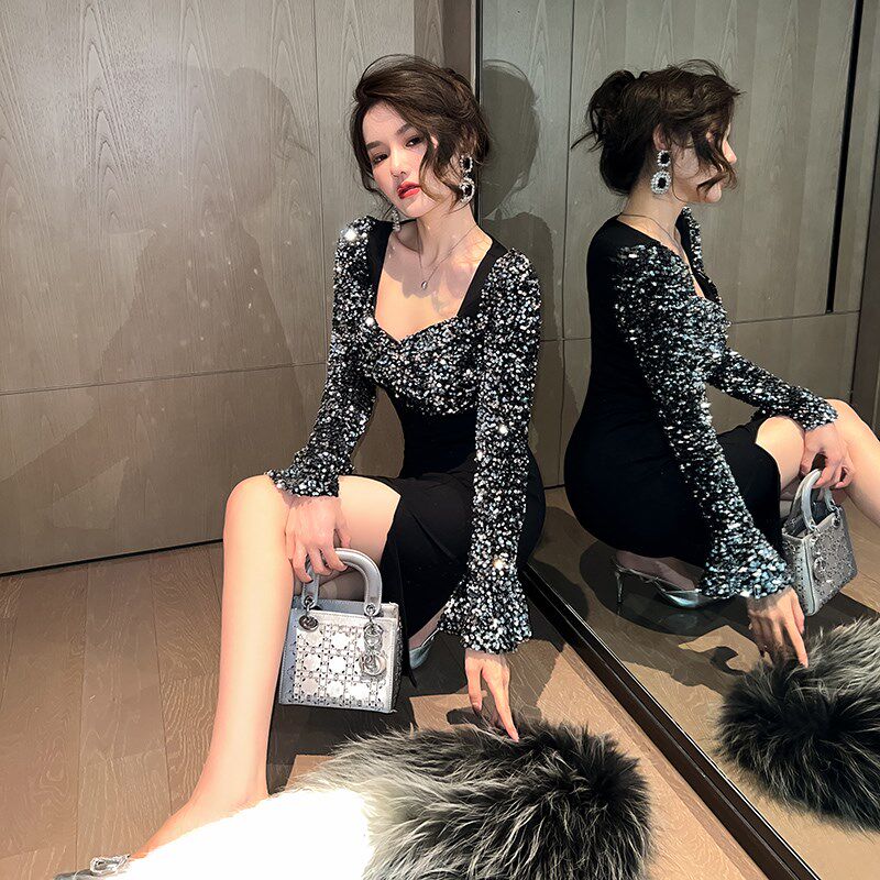 年会气质黑色礼服宴会礼裙女高级感主持人轻奢小众名媛艺考连衣裙