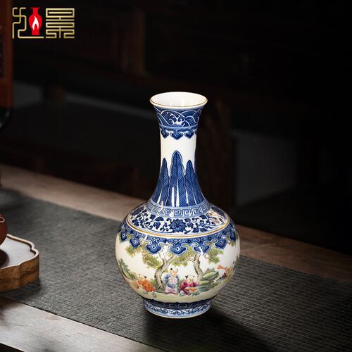 钟家窑景德镇陶瓷花瓶手绘青花瓷瓷瓶小号复古中式客厅摆件装饰品