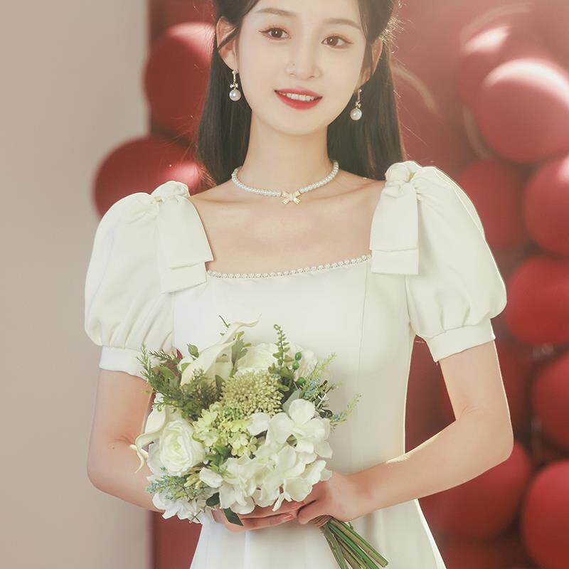 法式小礼服平时可穿夏季连衣裙订婚领证登记小白裙缎面小个子大气
