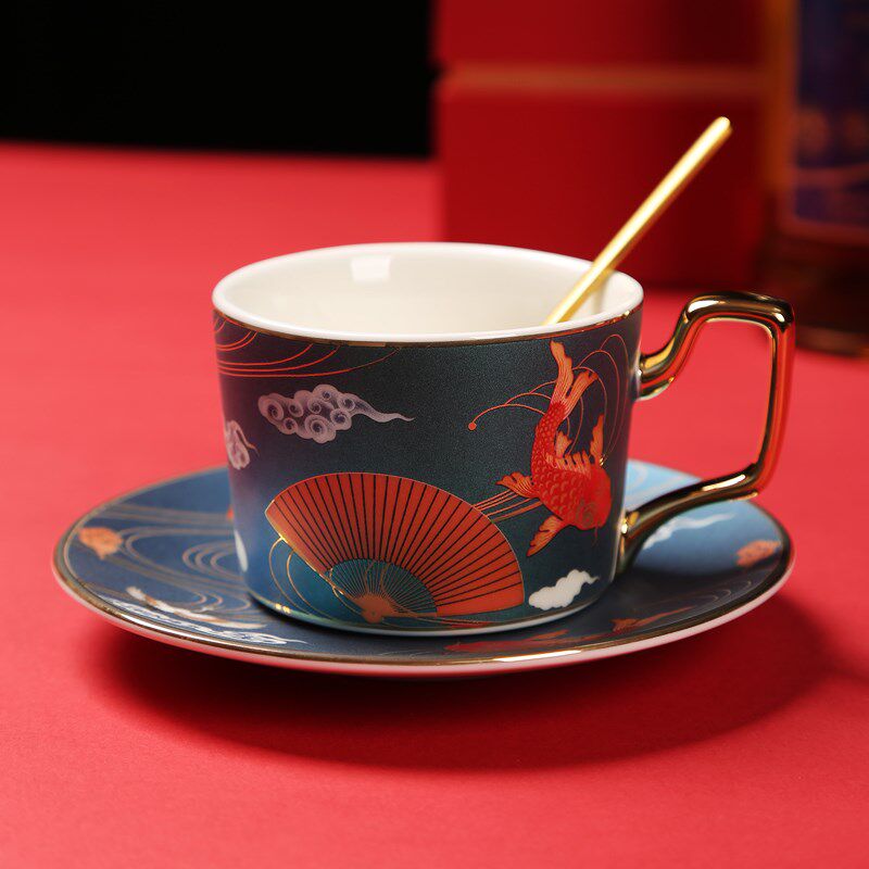 国潮陶瓷杯咖啡杯碟礼盒套装下午茶茶具杯子水杯家用带碟勺送礼品